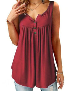 Solid Color Button Pleated Sleeveless Casual T-Shirt