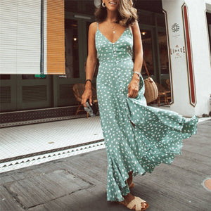 Vacation Polka Dot Printed Bohemia Style Maxi Vacation  Dress