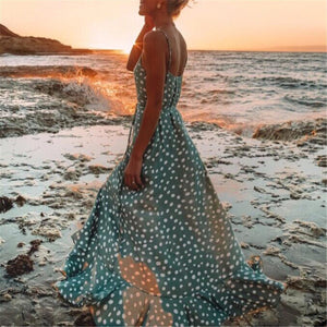 Vacation Polka Dot Printed Bohemia Style Maxi Vacation  Dress