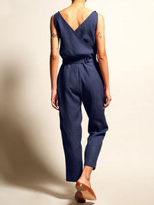 Commuting V Neck Belted Sleeveless Bare Back Jumpsuits