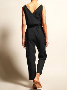 Commuting V Neck Belted Sleeveless Bare Back Jumpsuits