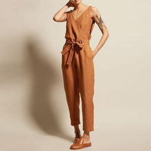 Load image into Gallery viewer, Commuting V Neck Belted Sleeveless Bare Back Jumpsuits