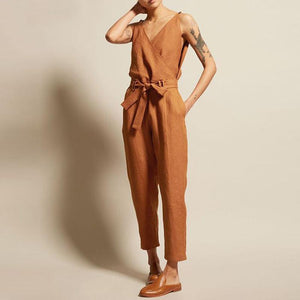 Commuting V Neck Belted Sleeveless Bare Back Jumpsuits