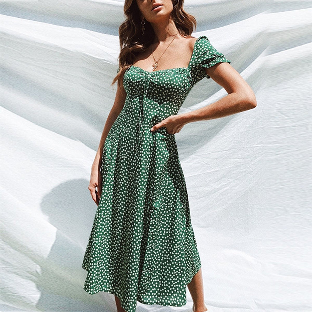 Square Collar Printed Puff Sleeve Vacation Dress