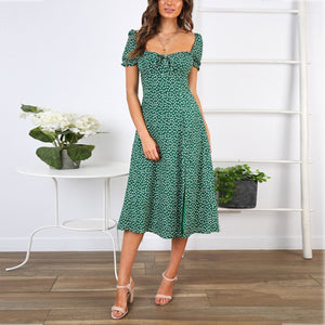 Square Collar Printed Puff Sleeve Vacation Dress