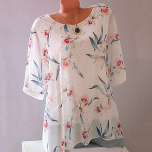 Round Neck Loose Flower Print Blouses