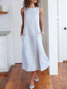 Linen Round Neck  Striped Maxi Dress