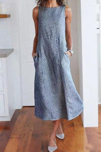 Linen Round Neck  Striped Maxi Dress