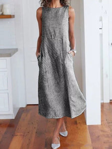 Linen Round Neck  Striped Maxi Dress