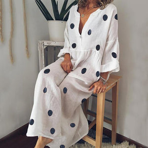 Casual V Neck Long Sleeve Pleated Polka Dot Splicing Dress