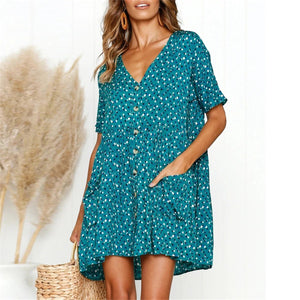 2019 Summer Print Leopard V-Neck Button Pocket Dress