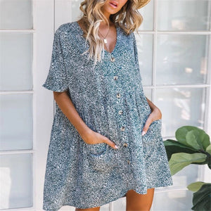 2019 Summer Print Leopard V-Neck Button Pocket Dress