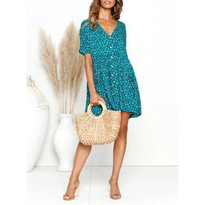 2019 Summer Print Leopard V-Neck Button Pocket Dress