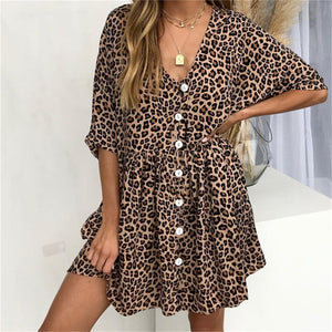 2019 Summer Print Leopard V-Neck Button Pocket Dress