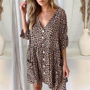 2019 Summer Print Leopard V-Neck Button Pocket Dress