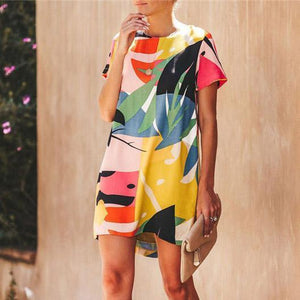 Summer Round Neck Printed Short Sleeves Shift Dress