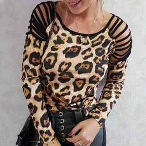 Casual Round Neck Hollow Out Off-Shoulder Long Sleeve Leopard Print T-Shirt