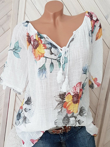 V Neck Loose Floral Printed Blouses