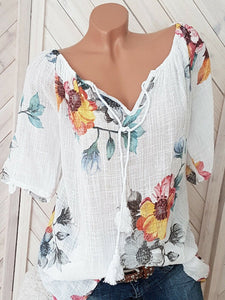 V Neck Loose Floral Printed Blouses