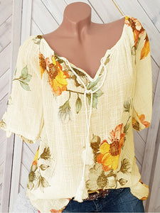 V Neck Loose Floral Printed Blouses