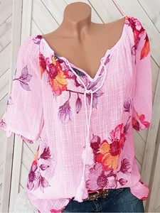 V Neck Loose Floral Printed Blouses