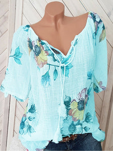 V Neck Loose Floral Printed Blouses