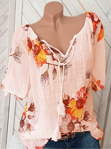 V Neck Loose Floral Printed Blouses