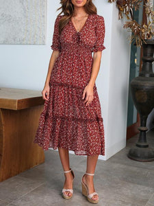 V-Neck Tie-Up Print Dress