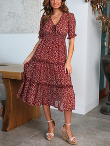 V-Neck Tie-Up Print Dress