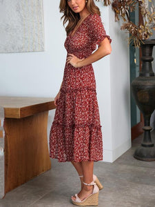 V-Neck Tie-Up Print Dress