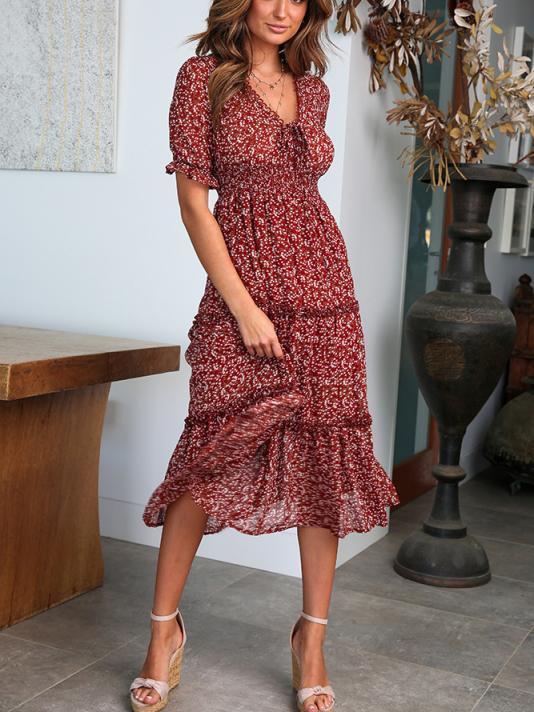 V-Neck Tie-Up Print Dress