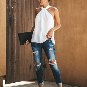 Sexy Solid Color Sleeveless Casual T-Shirt