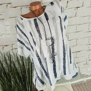 Round Neck Glitter Loose Fitting Striped Blouses