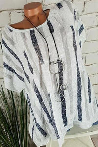 Round Neck Glitter Loose Fitting Striped Blouses