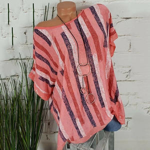 Round Neck Glitter Loose Fitting Striped Blouses