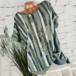 Round Neck Glitter Loose Fitting Striped Blouses