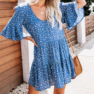 Summer Deep V-Neck Polka Dot Printed Wrinkle Dress