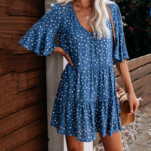 Summer Deep V-Neck Polka Dot Printed Wrinkle Dress