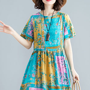 Commuting Round Neck Short Sleeve Pressure Plait Printed Colour  Dress