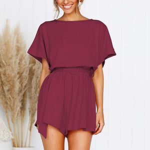 Casual Solid Color Short-Sleeved High-Waist Rompers