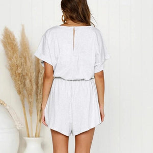 Casual Solid Color Short-Sleeved High-Waist Rompers