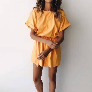 Casual Solid Color Short-Sleeved High-Waist Rompers