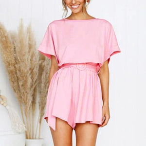 Casual Solid Color Short-Sleeved High-Waist Rompers