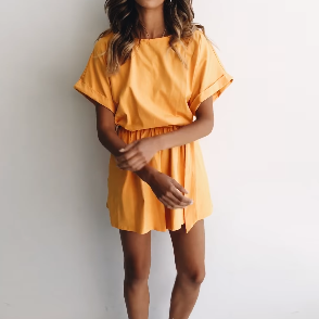 Casual Solid Color Short-Sleeved High-Waist Rompers