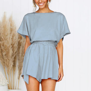 Casual Solid Color Short-Sleeved High-Waist Rompers