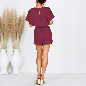 Casual Solid Color Short-Sleeved High-Waist Rompers