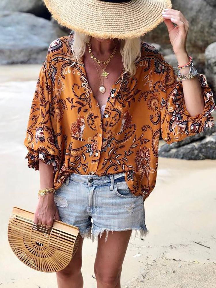 Boho Turndown Collar Printed Colour Loose Blouse