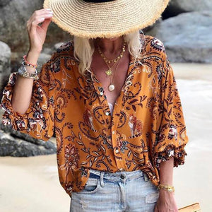 Boho Turndown Collar Printed Colour Loose Blouse