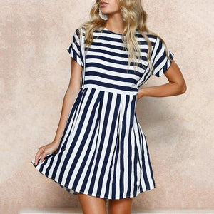 Round Neck Short Sleeve Striped Loose Large Size Dress