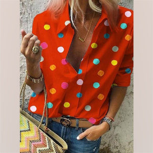 Small Lapel Long Sleeve Dots Printed Blouses